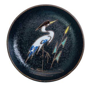 Ruscha Enamel Crane Small Plate 3.75" Signed Hand Painted